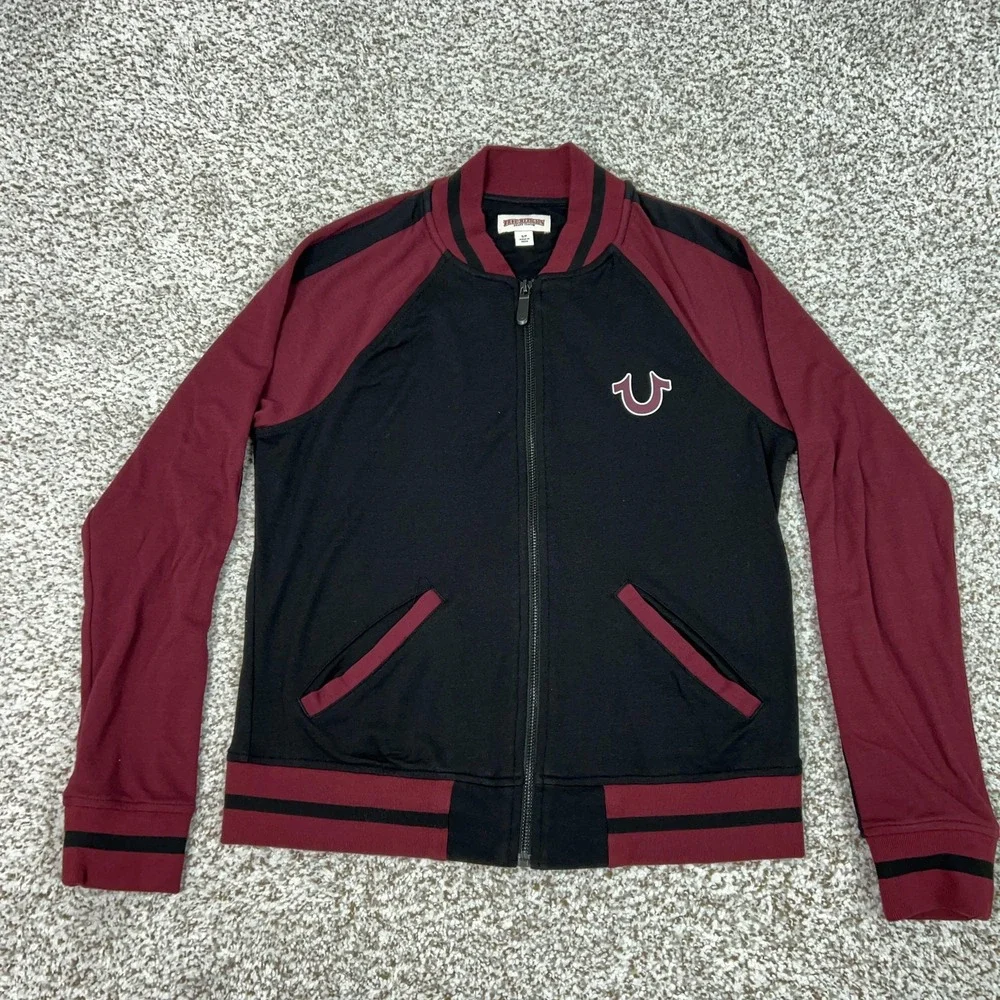 True Religion Jacket mens Small Black Red Raglan Bomber Sweatshirt Zip Graphic‎